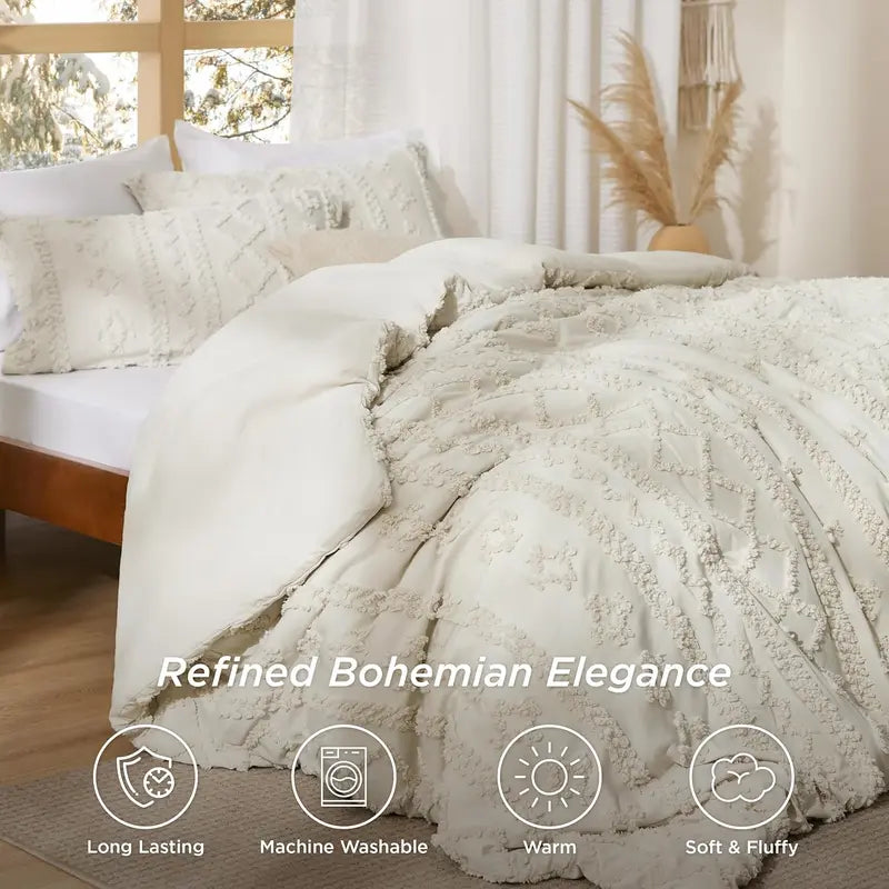 Tufted Boho Comforter Set - 3pc Shabby Chic Farmhouse Bedding
